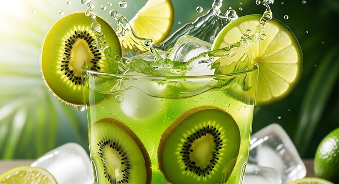 Refreshing green kiwi and lime drink splashing with ice cubes and water droplets in a tropical setting, refreshing bever