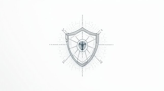 Abstract digital shield emblem with geometric patterns and data streams representing security and protection white background security protection