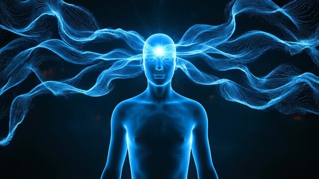 Glowing blue transparent human male figure with a bright light emanating from the third eye chakra area and energy trails extending from the head against a dark, shadowy background.