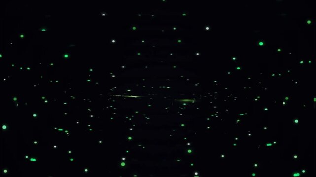 An abstract illustration resembling a spacescape or digital particles. Against a pitch-black background, thousands of green and white dots of light are dynamically scattered.