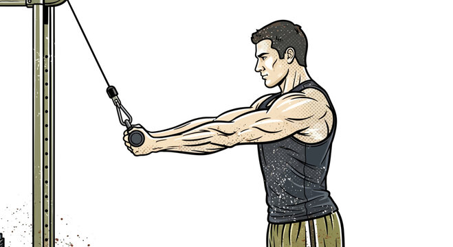 Man performing cable crossover exercise for chest muscles in gym