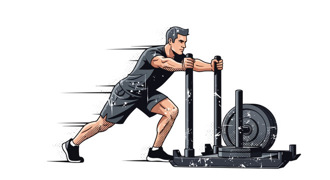 Man pushing a weighted sled for strength training and cardio workout