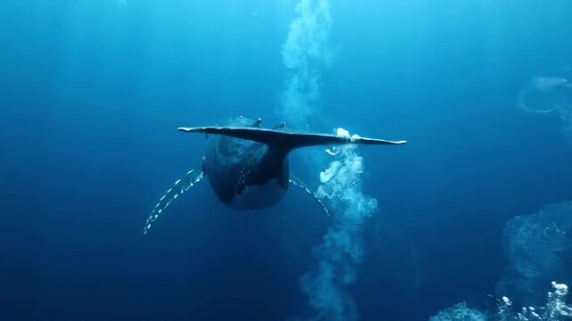 Blue whale underwater from a rear ascending perspective, sweeping tail flukes and drifting bubble trails creating a dramatic deep sea composition, elegant cetacean motion in tranquil open ocean blue