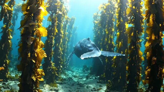 Blue whale underwater navigating a golden kelp forest corridor, atmospheric marine scene with towering seaweed, filtered light, and graceful cetacean movement, rich coastal ecosystem storytelling