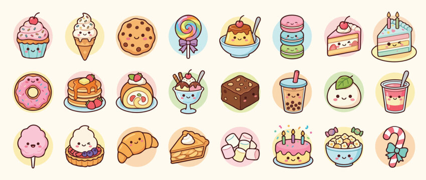 Kawaii Desserts and Sweets Collection Vector Illustration