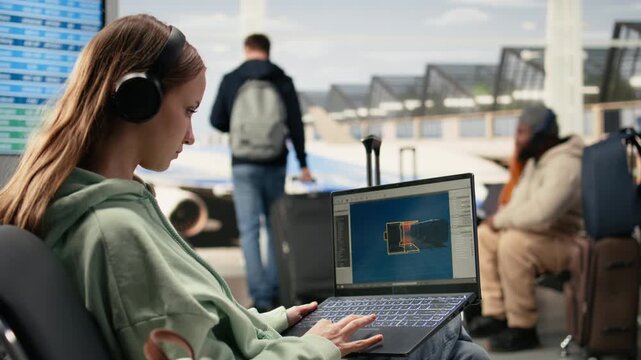 Digital nomad game developer working on laptop in international airport lounge, developing video game with futuristic spaceship while waiting for flight departure. Freedom to work anywhere.