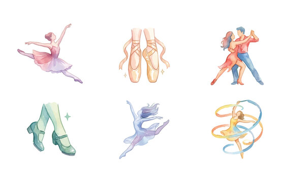 Watercolor dance icons set with ballet ballroom tap and rhythmic gymnastics dancers