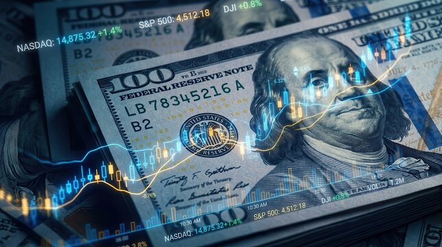 A financial stock market chart graph superimposed on American dollar banknotes for currency exchange.