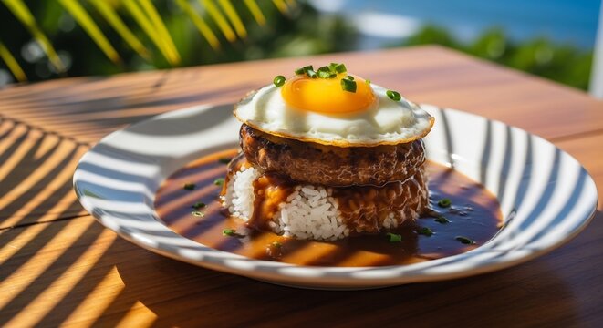 Delicious Hawaiian Loco Moco Plate with Fried Egg and Gravy.