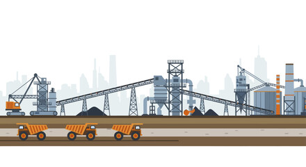 Industrial mining operation with dump trucks and conveyor belts. © Mobil