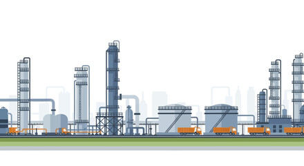Obraz premium Industrial oil refinery plant with storage tanks and distillation columns.