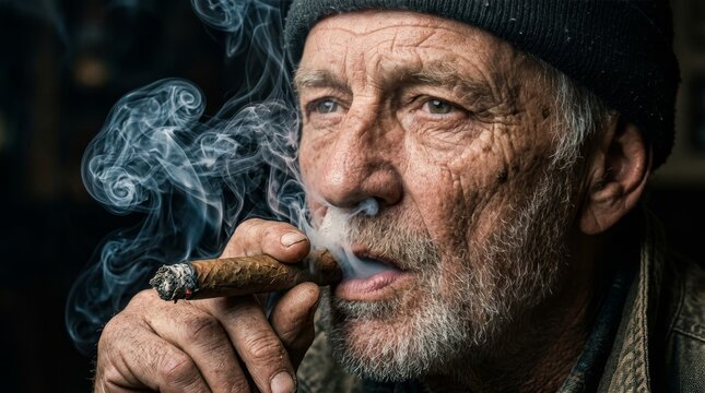 Old man smoking cigar macro close up portrait with detailed skin texture and smoke