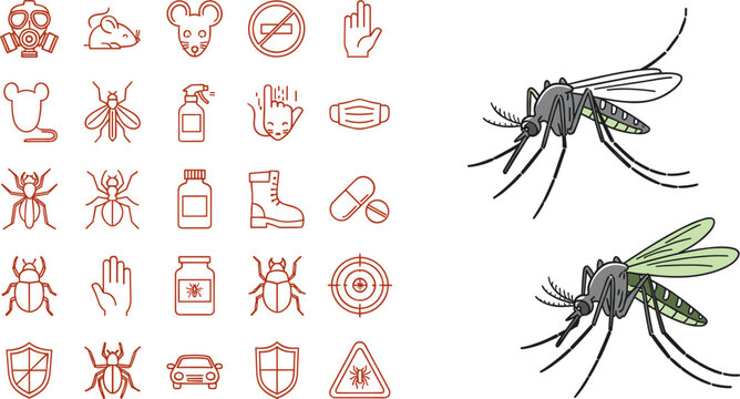 Red Outline Pest Control Protection Icon Set with Detailed Realistic Mosquito Illustration Vector Collection for Health Safety Design