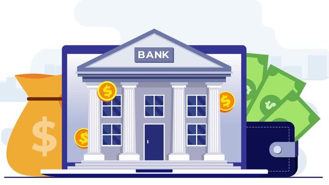 A financial institution building with a money bag, coins, wallet, and bills.