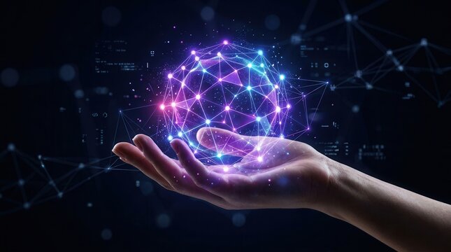 Internet communication and global network connection held by a woman in a metaverse concept.