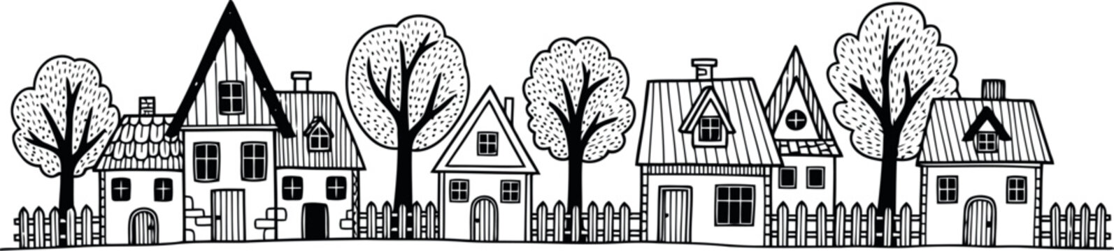 Charming hand drawn village houses with trees and fences