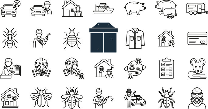 Outline Pest Control Service Icon Set Exterminator Bug House Spray Mask Mouse and Worker Vector Illustration Collection for Infographic Design