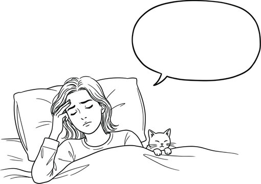 Young woman in bed feeling unwell with empty speech bubble