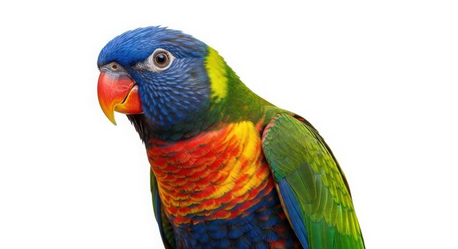 Rainbow lorikeet perched with bright plumage white background animal photograp
