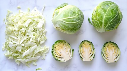 Obraz premium Fresh Green Cabbage Heads and Shredded Cabbage on White Background