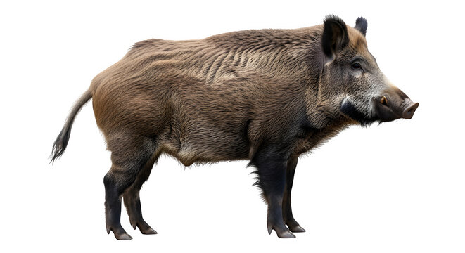 Wild boar isolated on white background, powerful male sus scrofa with brown fur, adult forest hog standing in profile