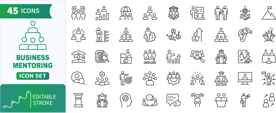 Business mentoring line icon set. Collection of coaching, success, support, collaboration, education, human resources and more . editable stroke