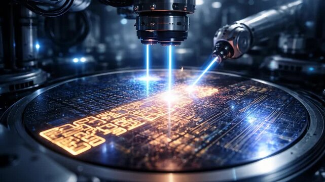 Laser machine processing semiconductor wafer inside advanced chip factory, precision microchip manufacturing scene, futuristic electronics technology.