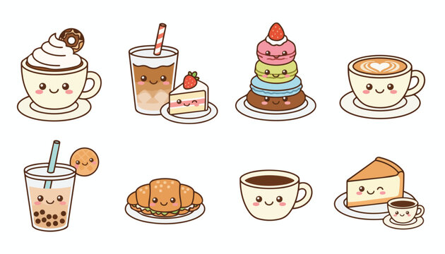 Kawaii Food Icons Coffee, Cake, Macarons, Bubble Tea, Croissant
