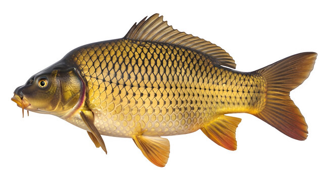 Common carp fish isolated on white background, golden freshwater carp with detailed scales, cyprinus carpio specimen for fishing and culinary concepts