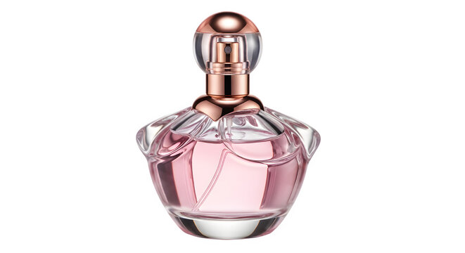 Elegant pink perfume bottle, luxury glass fragrance container with rose gold cap, feminine scent spray bottle isolated on white background