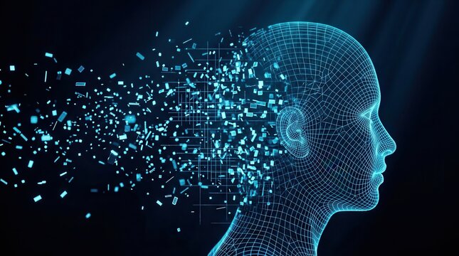 Artificial intelligence human face head fragmenting into digital particles during digital transformation.