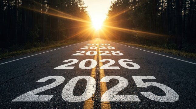 Success idea showing a path of years from 2025 to 2030 on an asphalt highway.