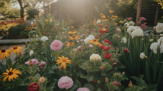 Colorful flowers in a garden emphasizing health, wellness, and vitality