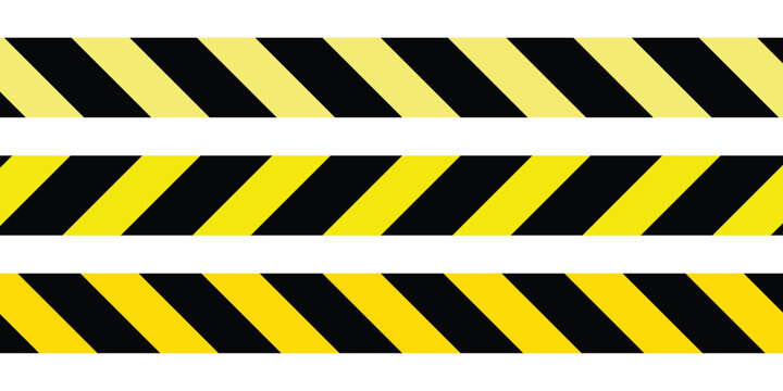 Black and yellow caution warning tape set for industrial safety, road, construction, hazard area. This warning stripe isolated on transparent background. Vector illustration.