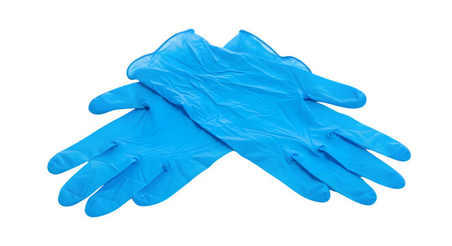 Blue nitrile gloves isolated on white, medical latex examination gloves, protective surgical hand wear, disposable safety equipment for healthcare and cleaning