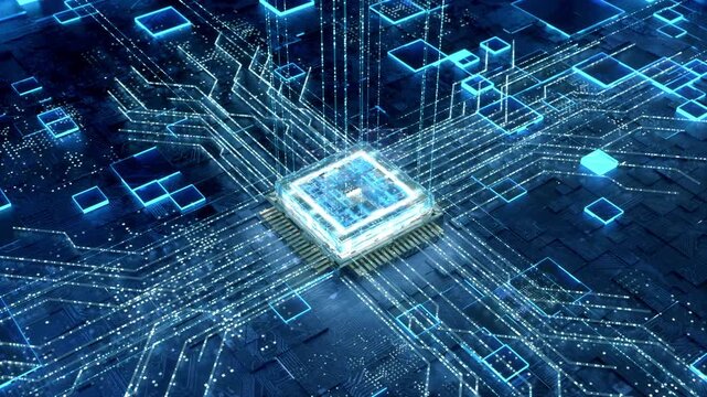 3D high tech processor chip animation, concept advanced futuristic microprocessor chip connecting with a motherboard and activates entire system, technology motherboard circuit current.