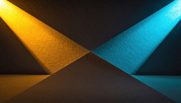 Faisceaux lumineux contrast&eacute;s orange et bleu se croisant sur une surface textur&eacute;e sombre, cr&eacute;ant une composition abstraite et dynamique de lumi&egrave;re et d'ombre.