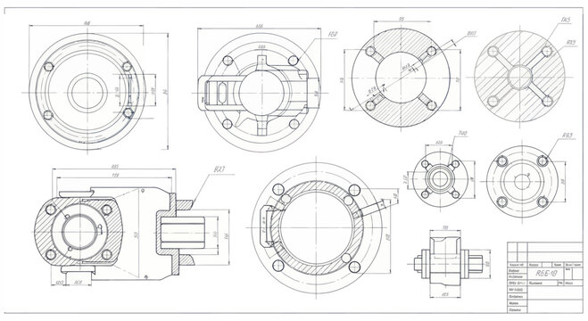 Detailed Engineering Blueprint of Mechanical Components with Dimensions.