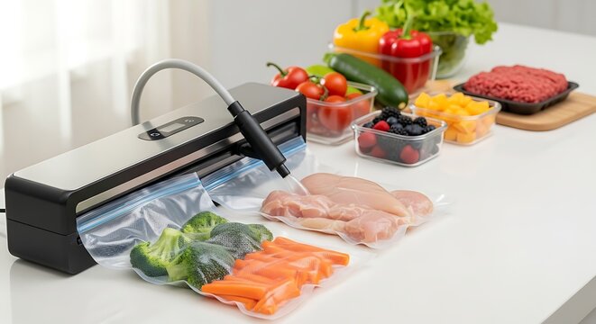 Vacuum sealer with food items.