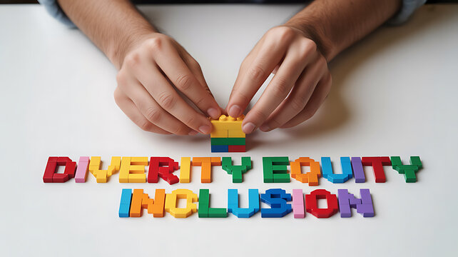 Hands building diversity equity inclusion text emphasizing teamwork and professional collaboration