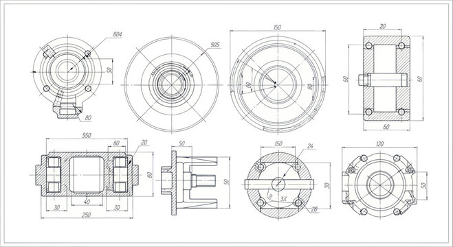 Detailed technical drawing of various mechanical components and engineering blueprints.