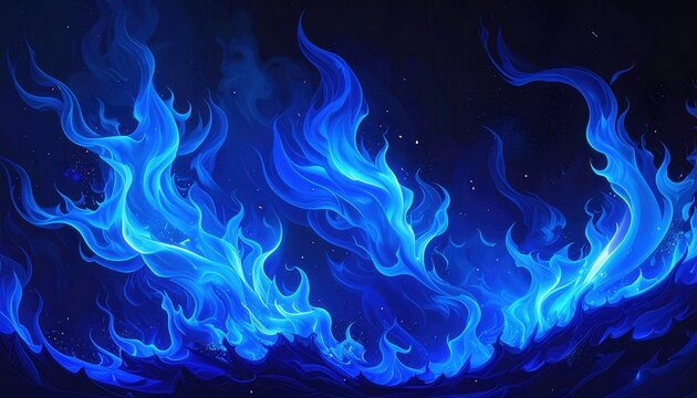 Illustration num&eacute;rique de flammes bleues intenses et ondulantes sur un fond sombre, &eacute;voquant une &eacute;nergie magique, mystique et surnaturelle.