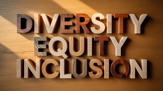 Wooden letters spelling diversity equity inclusion for culinary showcases and restaurant branding