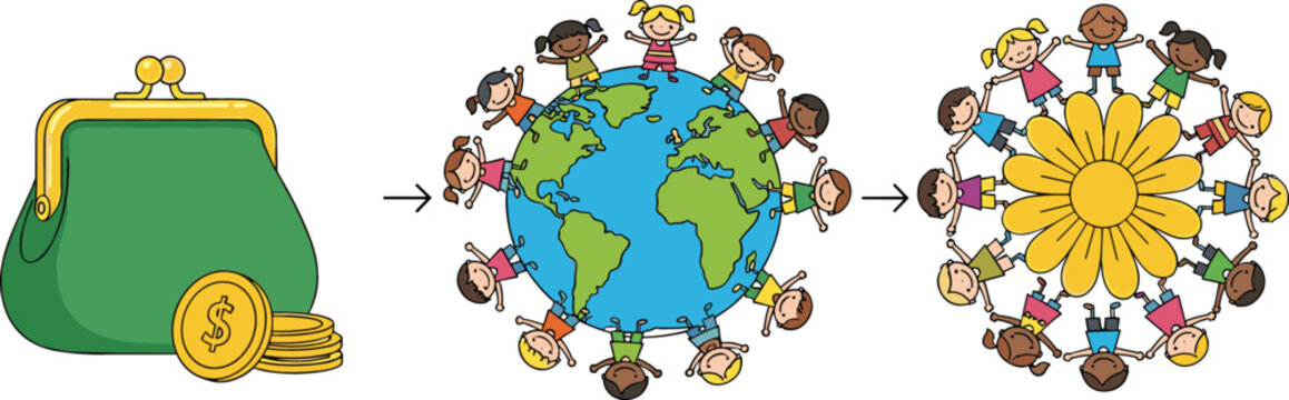 Cartoon global unity concept with children around world transforming into flower circle, money purse illustration for charity, diversity and social connection vector design