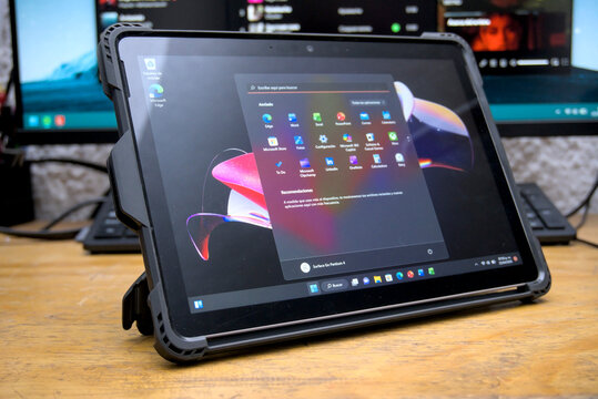 Zapopan Jalisco, Mexico - April 22, 2025: Microsoft Surface Go 2 silver tablet back view, windows tablet concept