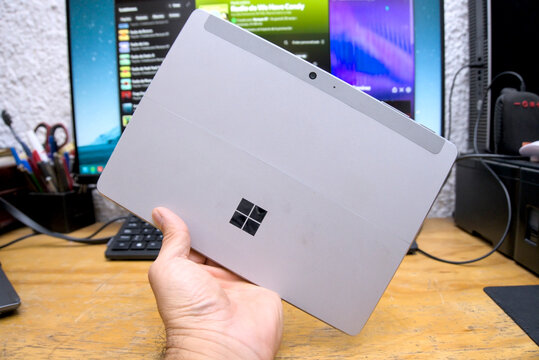 Zapopan Jalisco, Mexico - April 22, 2025: Microsoft Surface Go 2 silver tablet back view, windows tablet concept