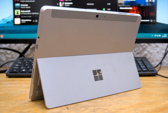 Zapopan Jalisco, Mexico - April 22, 2025: Microsoft Surface Go 2 silver tablet back view, windows tablet concept