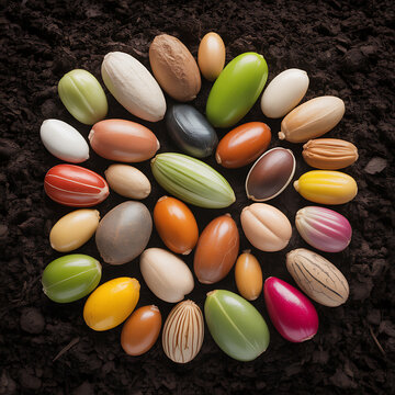 Colorful seeds arranged in a circle emphasizing clean environment and eco-friendly concepts