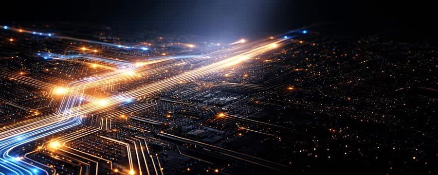 Glowing data highways crossing over circuit board network, futuristic digital infrastructure concept, speed connection, advanced technology, website banner.