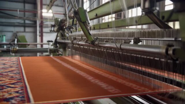 Automatic carpet weaving machine producing high quality ornate rugs inside a professional textile manufacturing plant environment